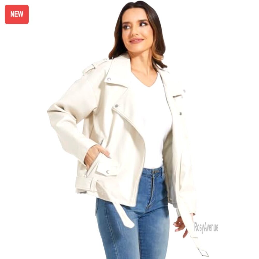 Faux Leather Motorcycle Jacket, Stretch PU Moto Coat, Utility Pockets, All - Picture 3 of 6